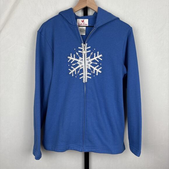 Quacker Factory Snowflake Embellished Sweatshirt Women's Medium Blue Full Zip - Picture 1 of 12